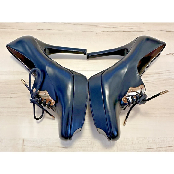 Gucci Heels Scar Pelle S Cuoio Nero Baby Lux 9B High Heel Platform Shoes - Picture 7 of 12